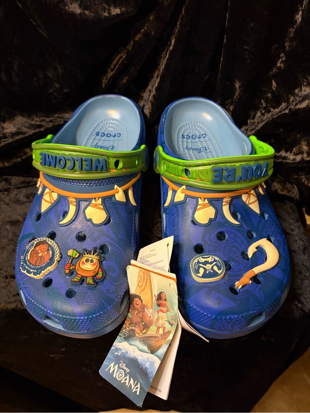 CROCS Moana Blue Clogs with Green Heel Straps and Character Charms